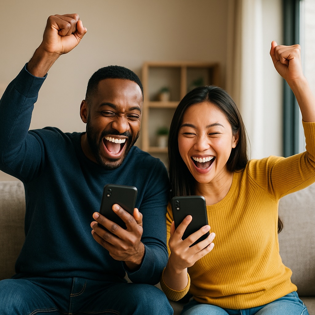 Couple celebrating betting win with phones raised